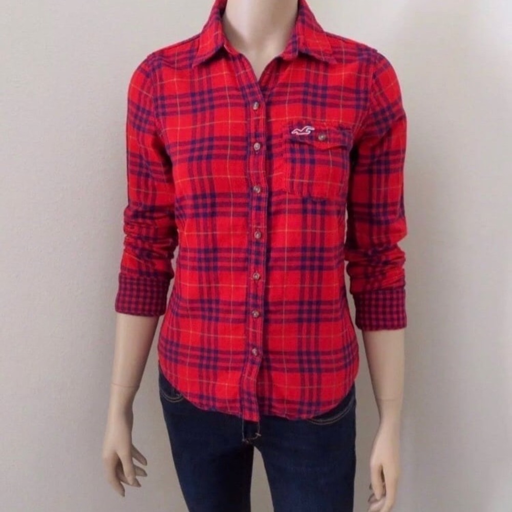 NWT Hollister Womens Plaid Shirt Size XS Top Red & Blue Button Down Blouse